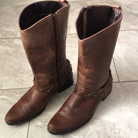 BROWN Leather Studded Strap Mid Calf Boots | Women |  7 - Picture 6 of 16